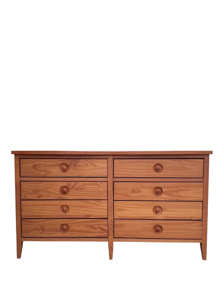 Vintage 8-Drawer Alegria Dresser Credenza in Sunset Finish w/Recessed Round Wooden Knobs & Thin Tape