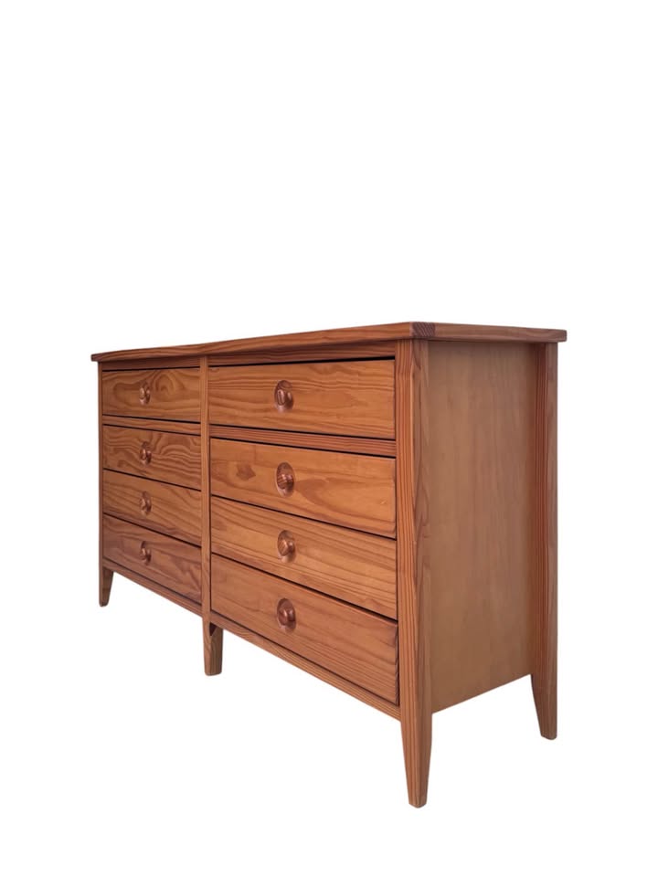 Vintage 8-Drawer Alegria Dresser Credenza in Sunset Finish w/Recessed Round Wooden Knobs & Thin Tape