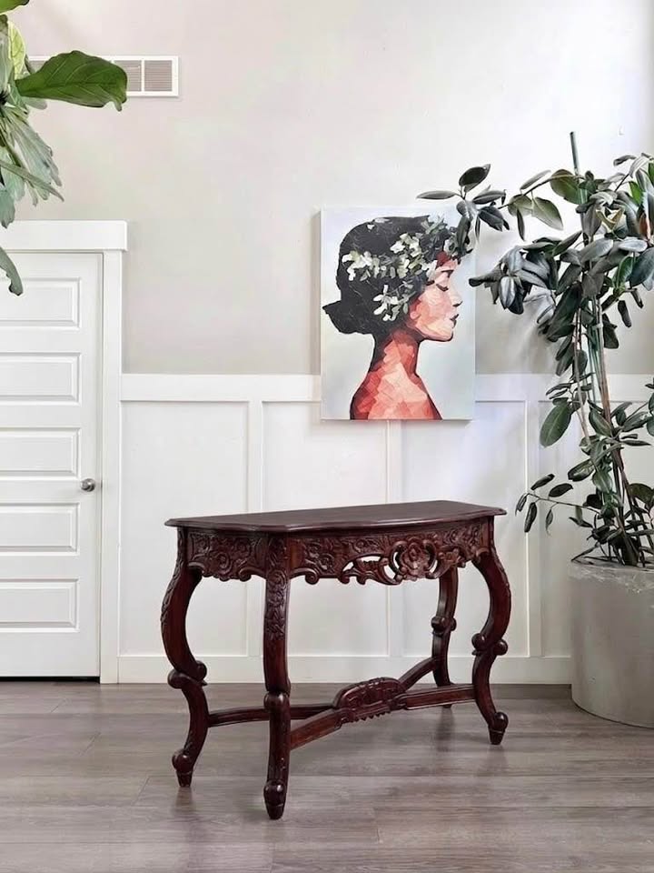 Vintage Demilune Baroque & Rococo Style Carved Hall or Console Table w/Floral Central Medallion, Scr