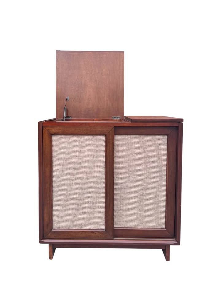 Modern Mid Century Style Record Player Turntable Stand w/Sliding Textured Panel Doors & Hidden Recor