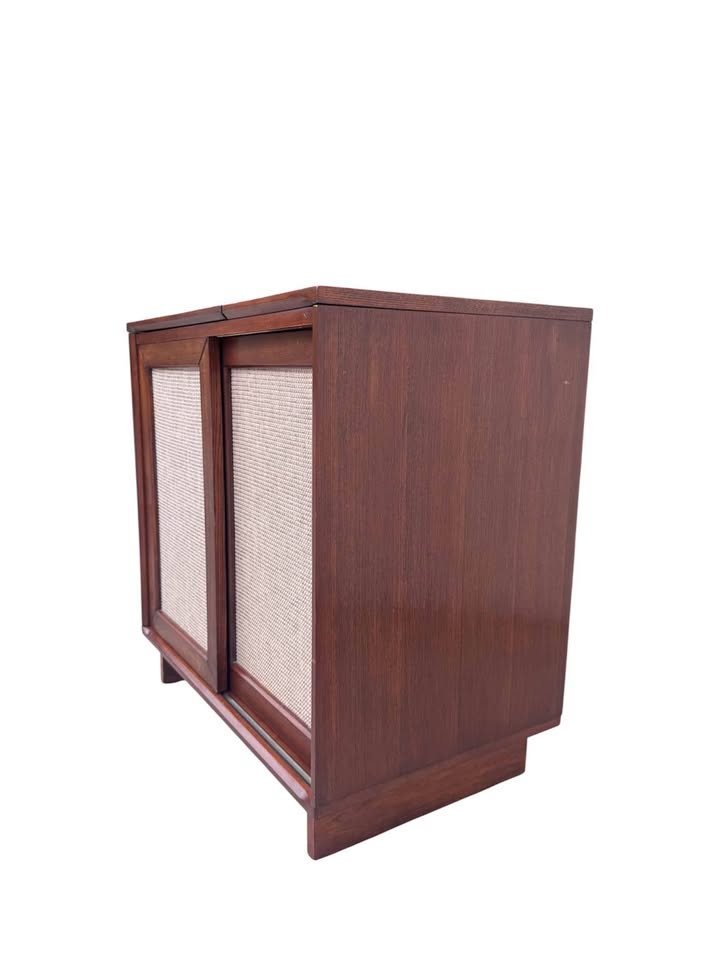 Modern Mid Century Style Record Player Turntable Stand w/Sliding Textured Panel Doors & Hidden Recor