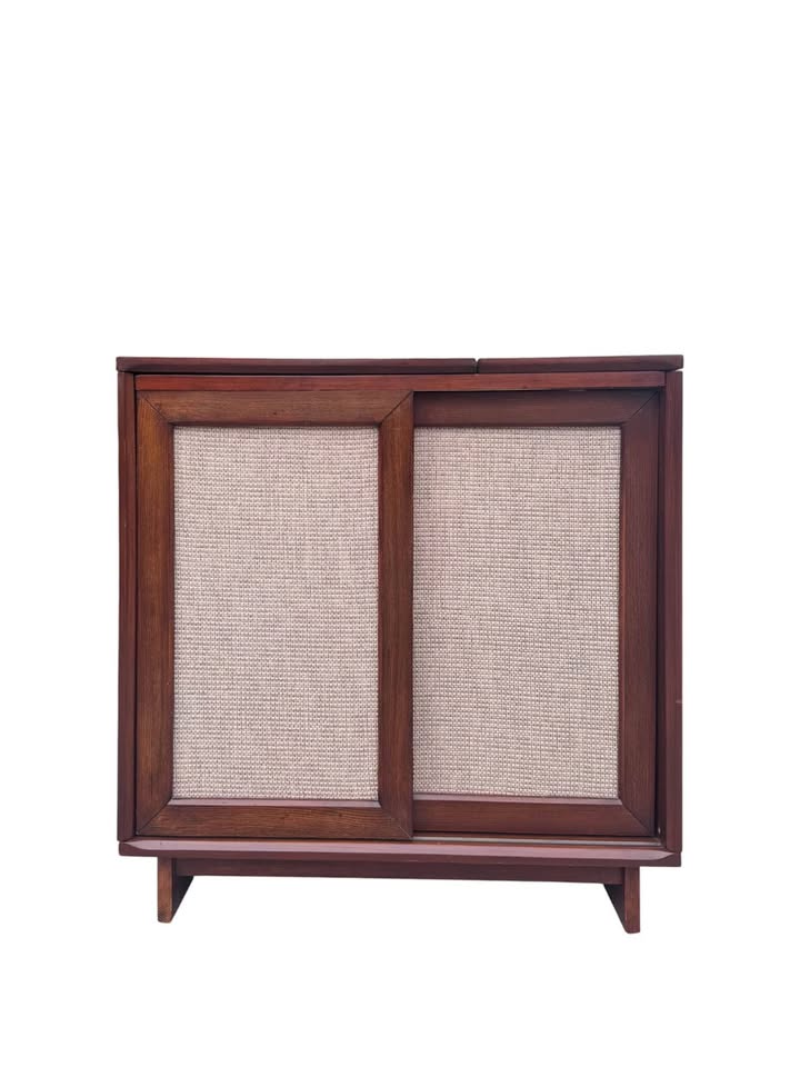 Modern Mid Century Style Record Player Turntable Stand w/Sliding Textured Panel Doors & Hidden Recor