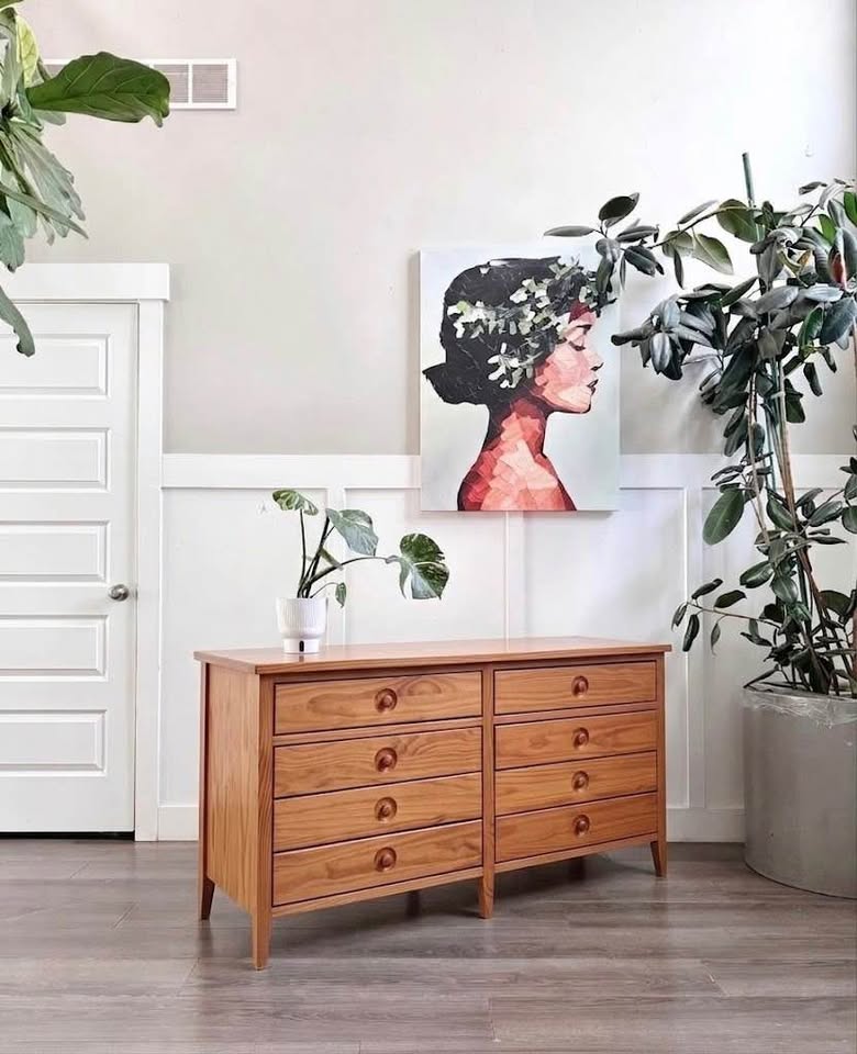 Vintage 8-Drawer Alegria Dresser Credenza in Sunset Finish w/Recessed Round Wooden Knobs & Thin Tape