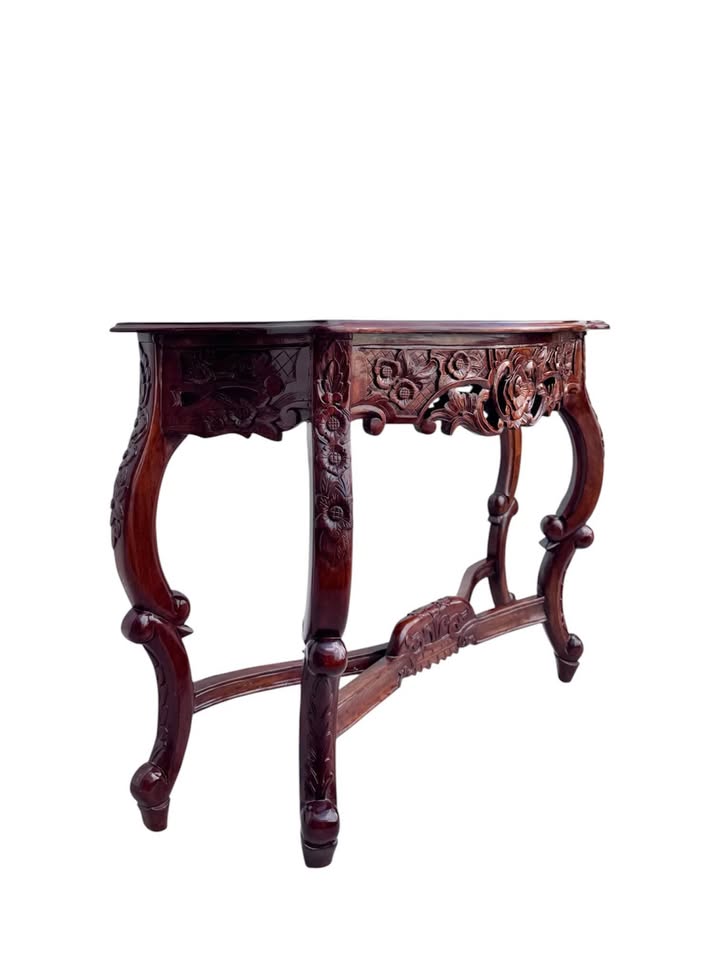 Vintage Demilune Baroque & Rococo Style Carved Hall or Console Table w/Floral Central Medallion, Scr