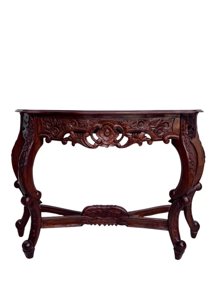 Vintage Demilune Baroque & Rococo Style Carved Hall or Console Table w/Floral Central Medallion, Scr