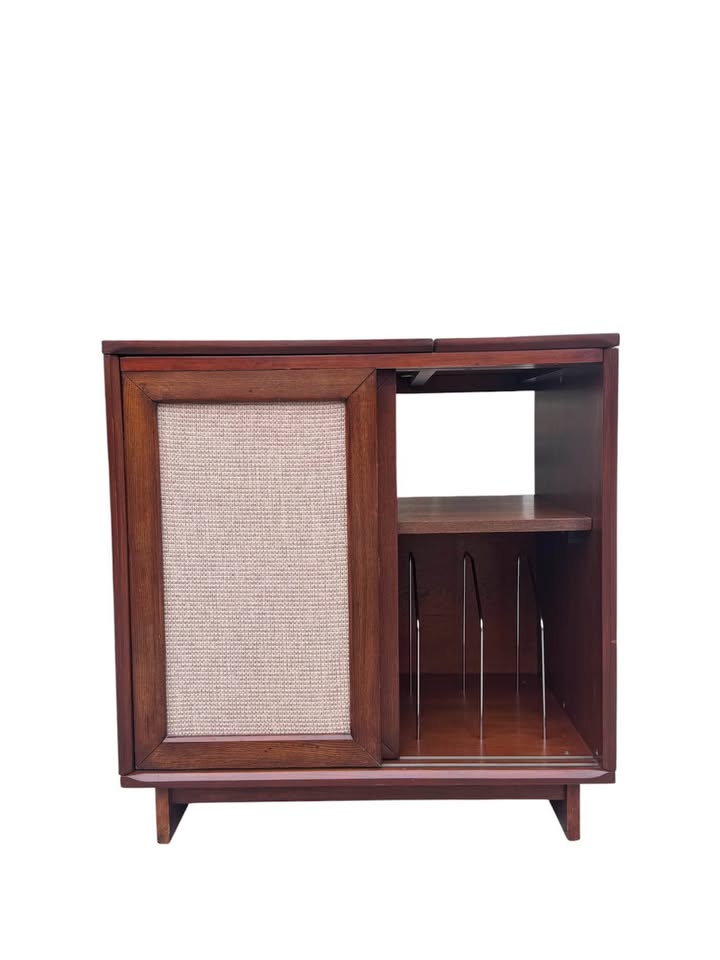 Modern Mid Century Style Record Player Turntable Stand w/Sliding Textured Panel Doors & Hidden Recor