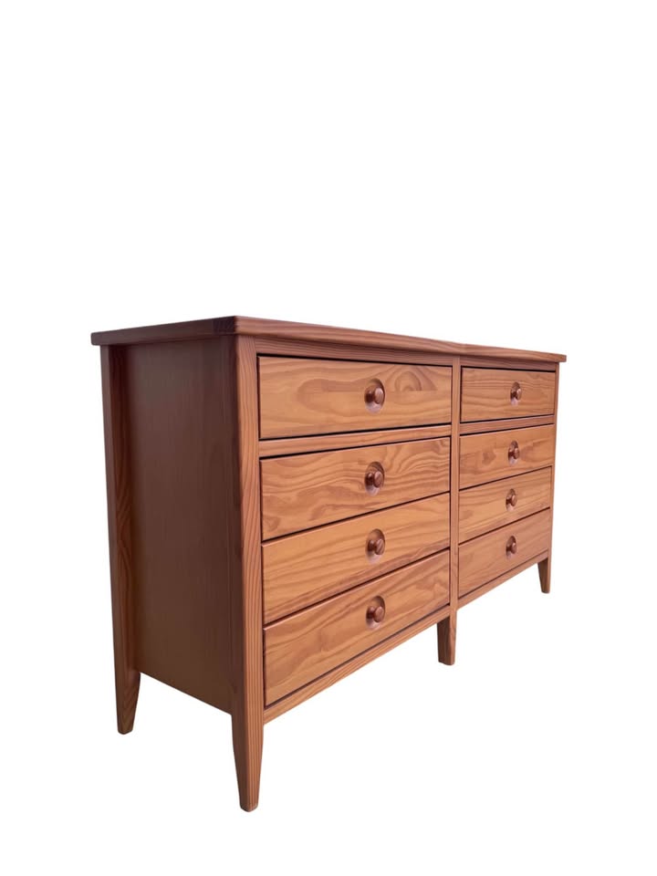 Vintage 8-Drawer Alegria Dresser Credenza in Sunset Finish w/Recessed Round Wooden Knobs & Thin Tape