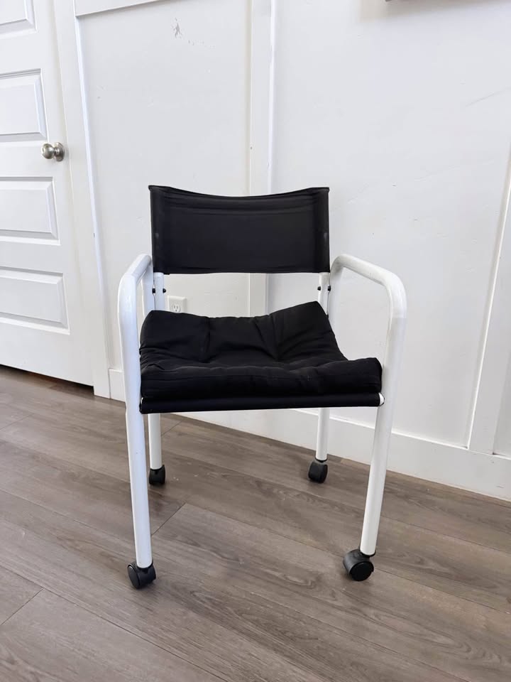 Vintage Postmodern White Powder Coated Tubular Sling Chair Desk Office w/Black Upholstery & Black Ca