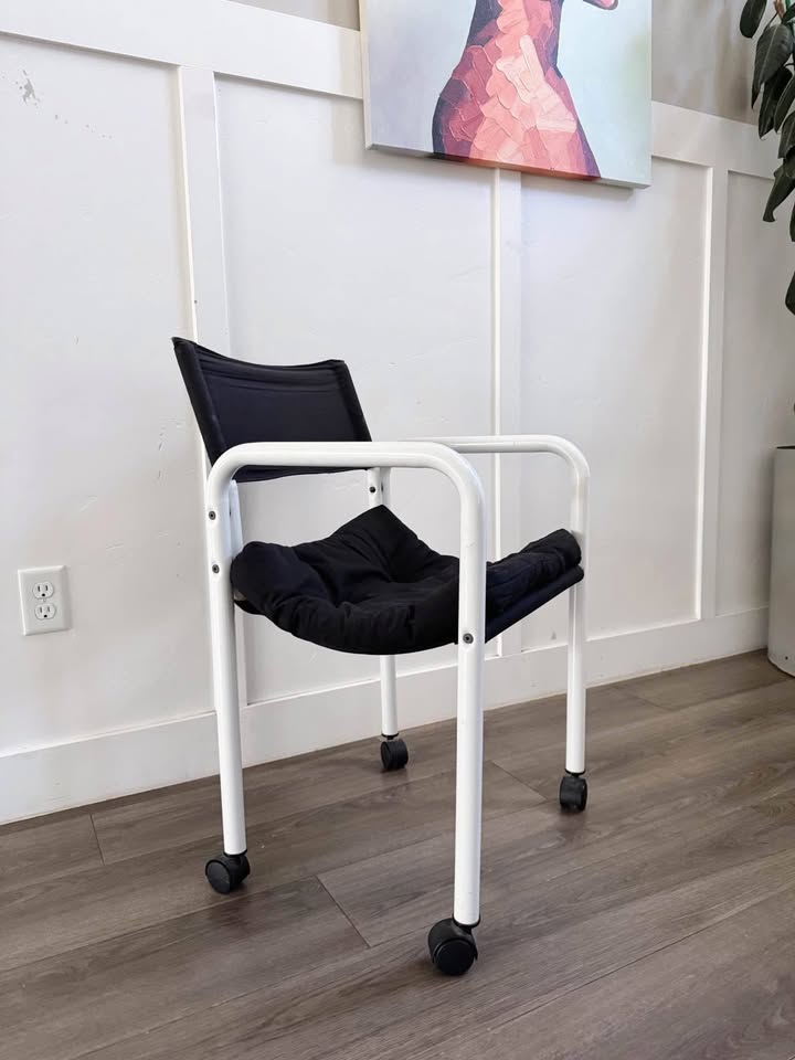 Vintage Postmodern White Powder Coated Tubular Sling Chair Desk Office w/Black Upholstery & Black Ca