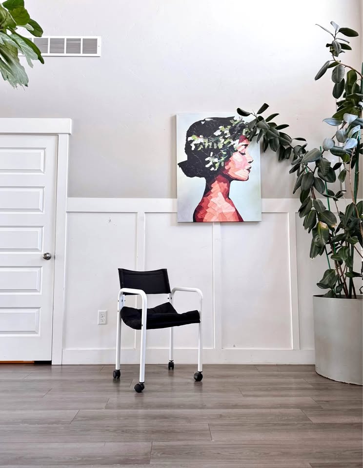 Vintage Postmodern White Powder Coated Tubular Sling Chair Desk Office w/Black Upholstery & Black Ca