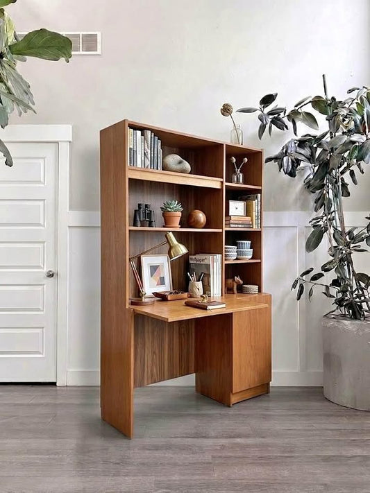 Vintage Mid Century Teak Wall Unit w/Floating Desk & Bookcase Hutch Compact Home Office Shelving Sys