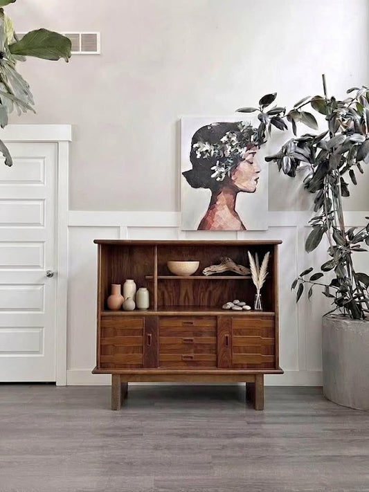 Vintage Mid Century Japanese Wood Veneer Credenza Sideboard Cabinet Display Hutch w/Sculptural Facad