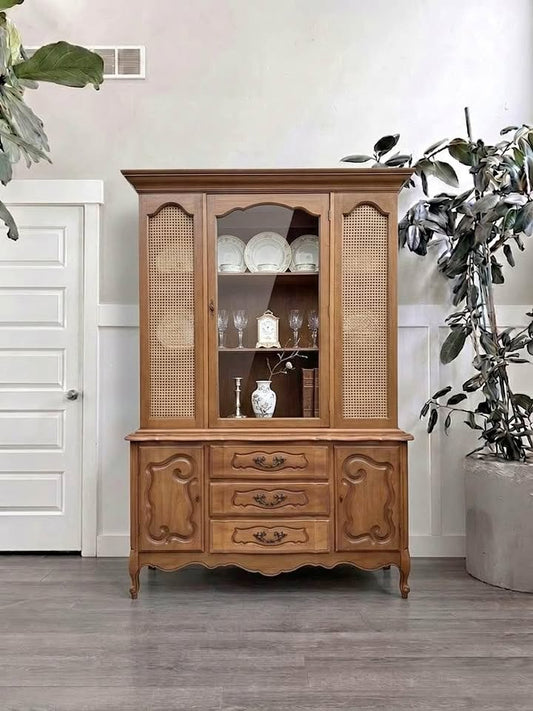 Vintage French Provincial 3-Drawer 2-Cabinet Wood Hutch w/Woven Cane Panels & Glass Display