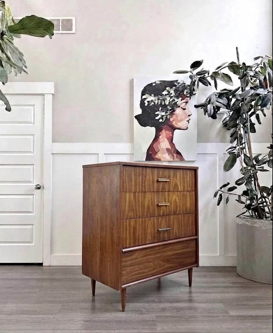 Vintage Mid Century 4-Drawer Walnut Laminate Highboy Chest of Drawers Dresser w/Tapered Legs by Bass