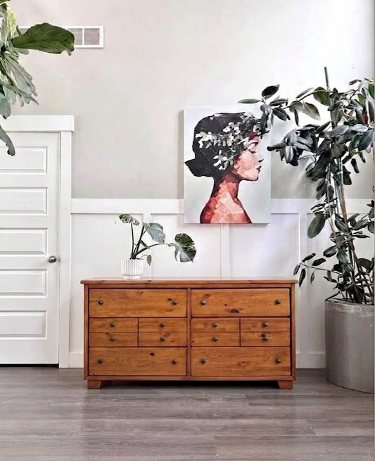 Vintage 6-Drawer Solid Pine Dresser Credenza Sideboard w/Grid Facade Detailing, Rounded Square Knobs