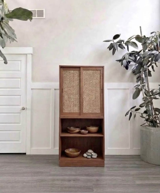 Vintage Mid Century Teak Modular Stacking Cabinet Bookcase w/Woven Cane Sliding Doors & Plinth Base