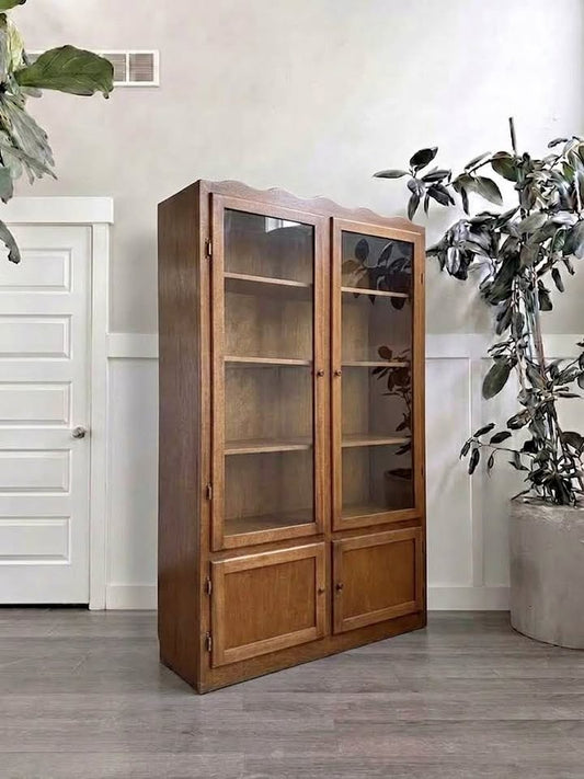 Vintage 4-Tier, 4-Door Double Door Scalloped Wood Curio Cabinet Display Bookcase Etagere w/Shatter R