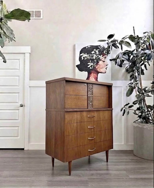 Vintage Mid Century 4-Drawer Walnut Highboy Dresser Chest of Drawers w/Botanical Drawer Motif, Brass