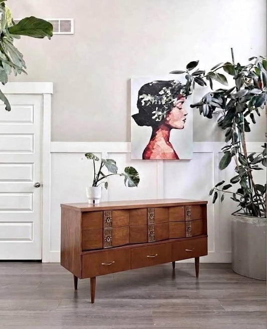 Vintage Mid Century 9-Drawer Walnut Triple Dresser Credenza w/Botanical Drawer Motif, Brass Hardware