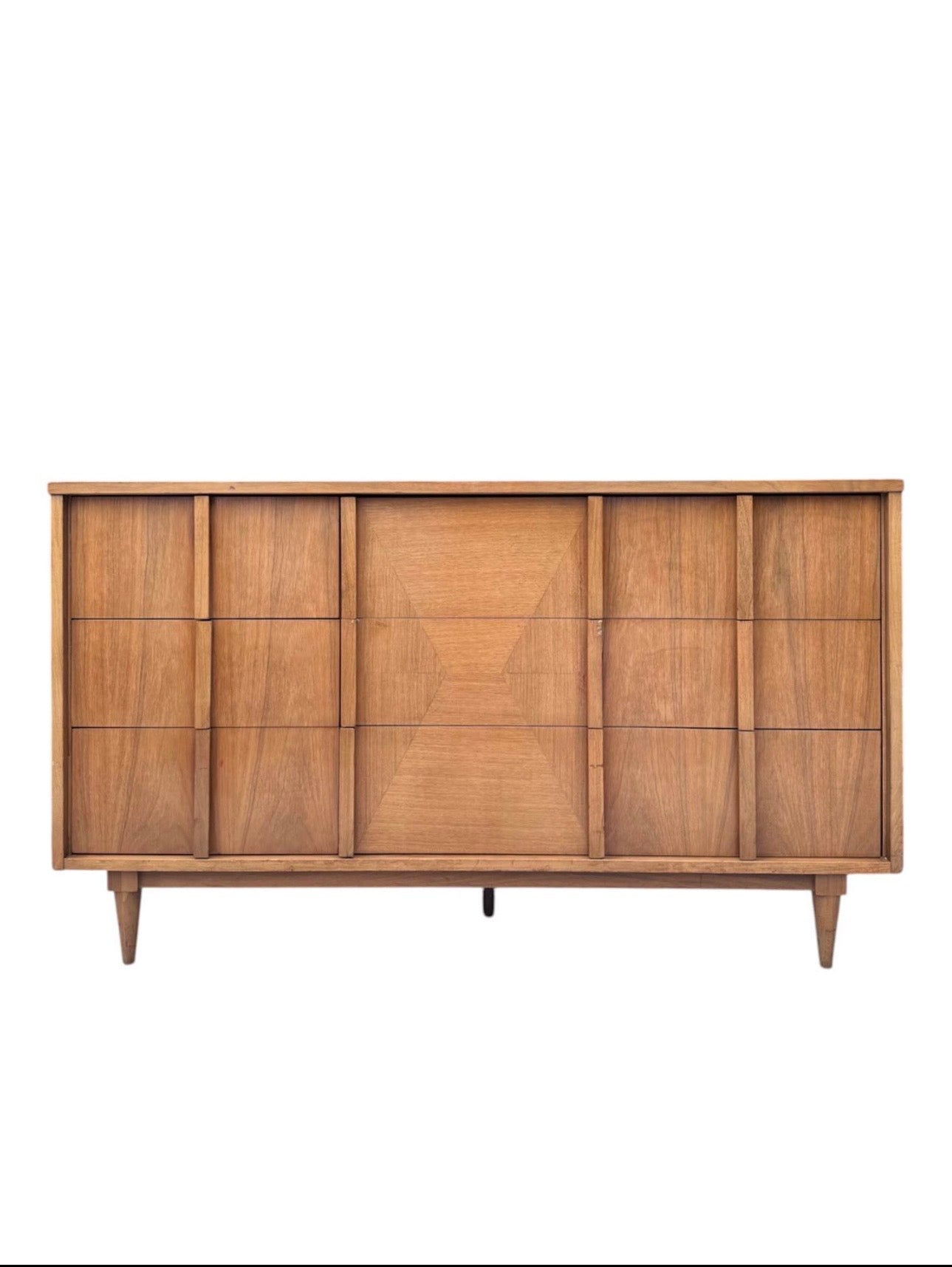 Vintage Mid Century 6-Drawer Walnut Dresser Credenza w/Hourglass Parquet Facade, Hand Carved Wooden