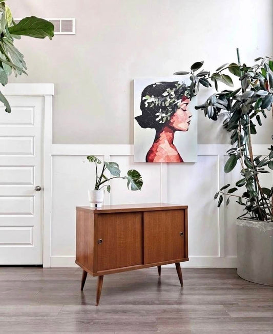 Vintage Mid Century 2-Door Sliding Pocket Door Record Stand Media Console Cabinet in Walnut Laminate