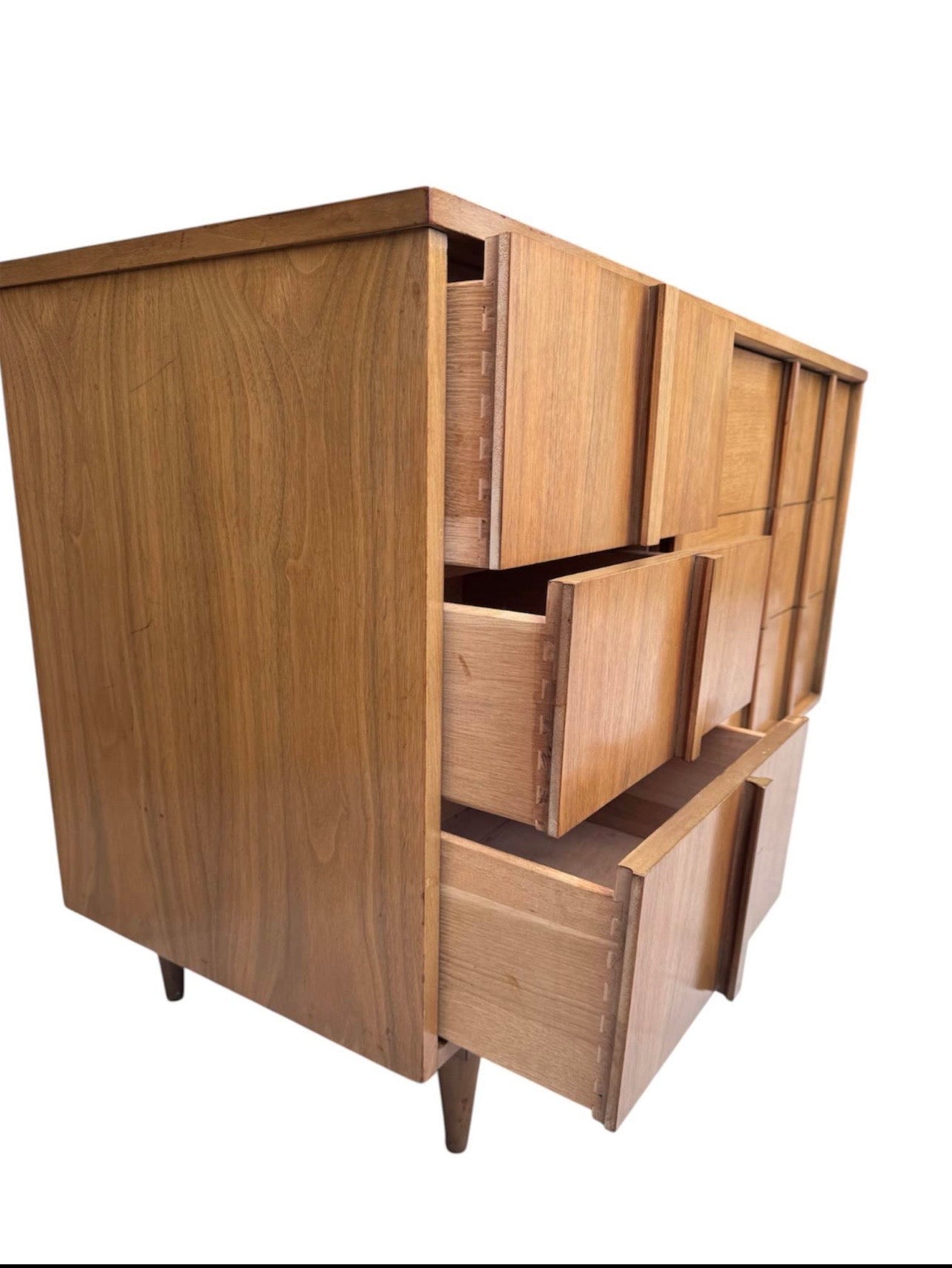 Vintage Mid Century 6-Drawer Walnut Dresser Credenza w/Hourglass Parquet Facade, Hand Carved Wooden