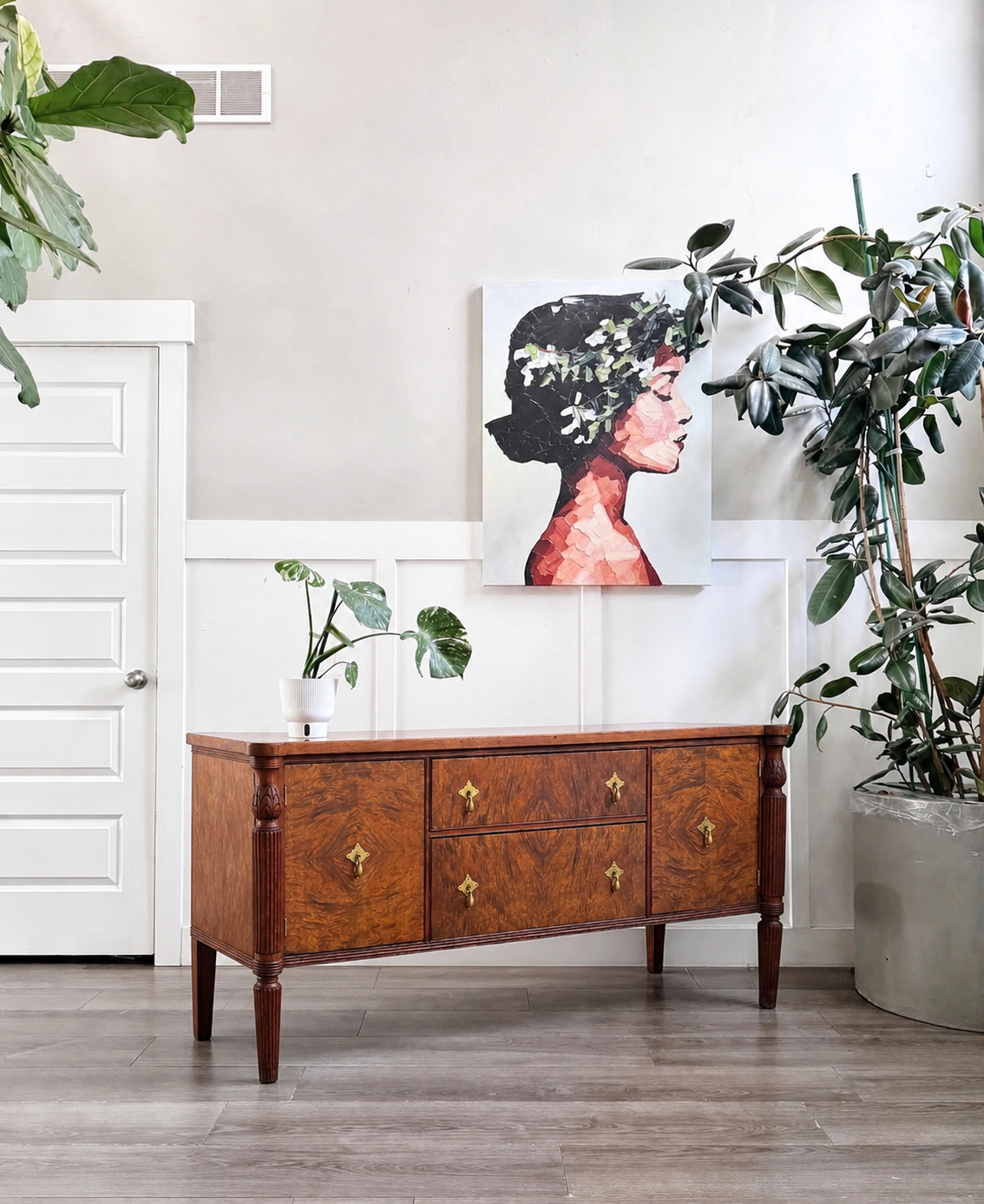 Vintage 2-Door, 2-Drawer Burl Book-Matched Veneer Buffet Sideboard Credenza w/Diamond Shaped Brass Hardware &amp; Fluted Legs