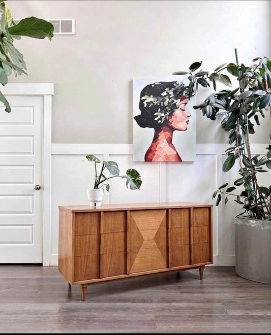 Vintage Mid Century 6-Drawer Walnut Dresser Credenza w/Hourglass Parquet Facade, Hand Carved Wooden