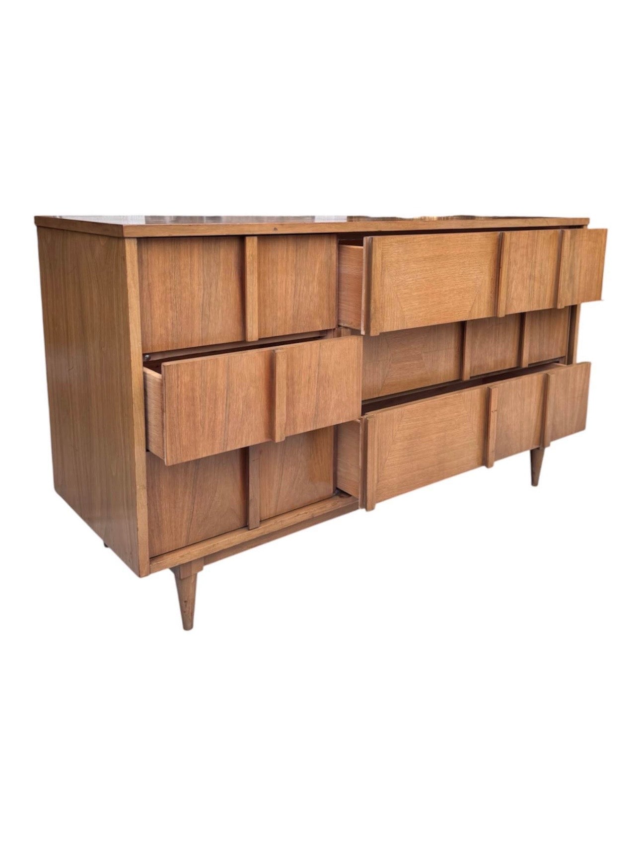 Vintage Mid Century 6-Drawer Walnut Dresser Credenza w/Hourglass Parquet Facade, Hand Carved Wooden