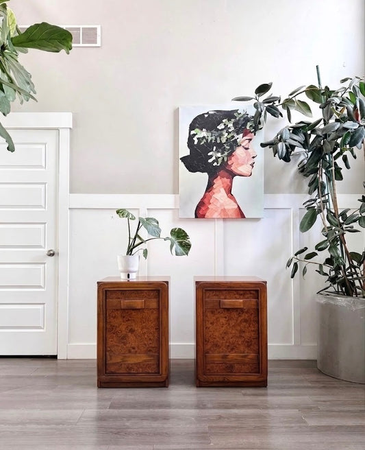 Pair of Vintage Burl Veneer Nightstands Bedside Tables w/Oak Wood Banded Facade, Hand Carved Pulls &amp; Rounded Edges by Lea Furniture