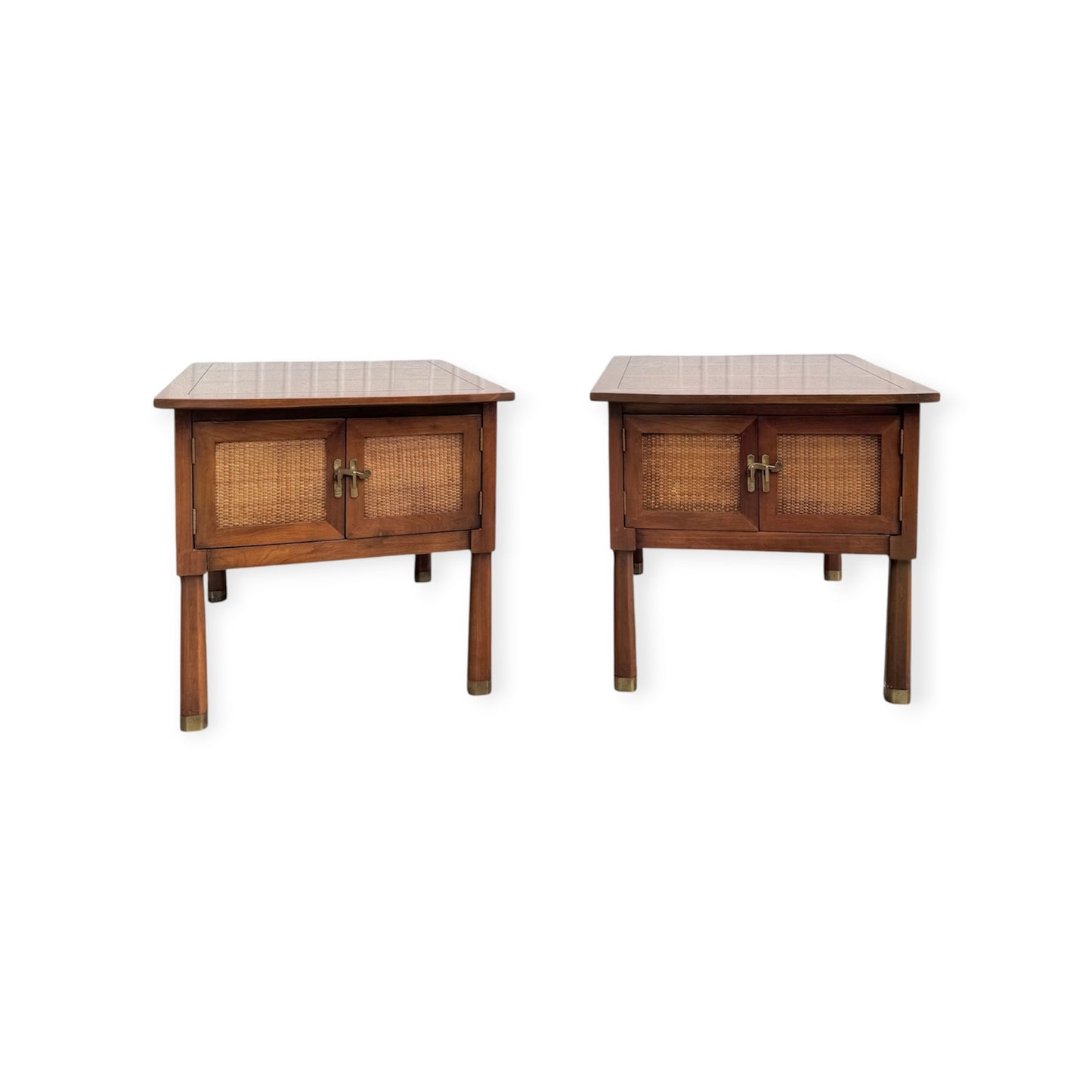 Pair of Vintage Mid Century Walnut & Olive Inlay Nightstands Bedside Tables w/Cane Reed Door Panels, Brass Hardware &amp; Octagonal Faceted Reverse Taper Legs w/Brass Ferrules