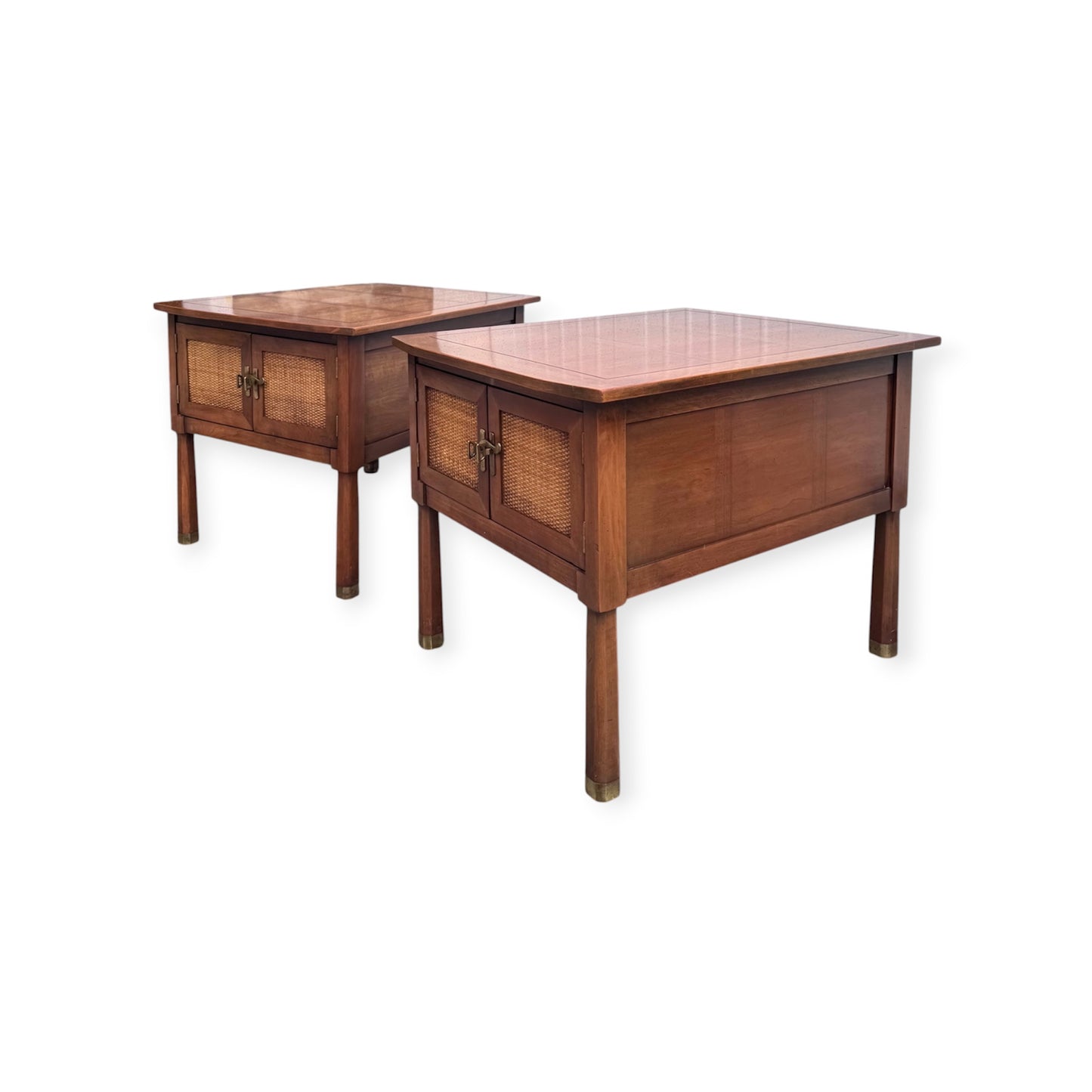 Pair of Vintage Mid Century Walnut & Olive Inlay Nightstands Bedside Tables w/Cane Reed Door Panels, Brass Hardware &amp; Octagonal Faceted Reverse Taper Legs w/Brass Ferrules