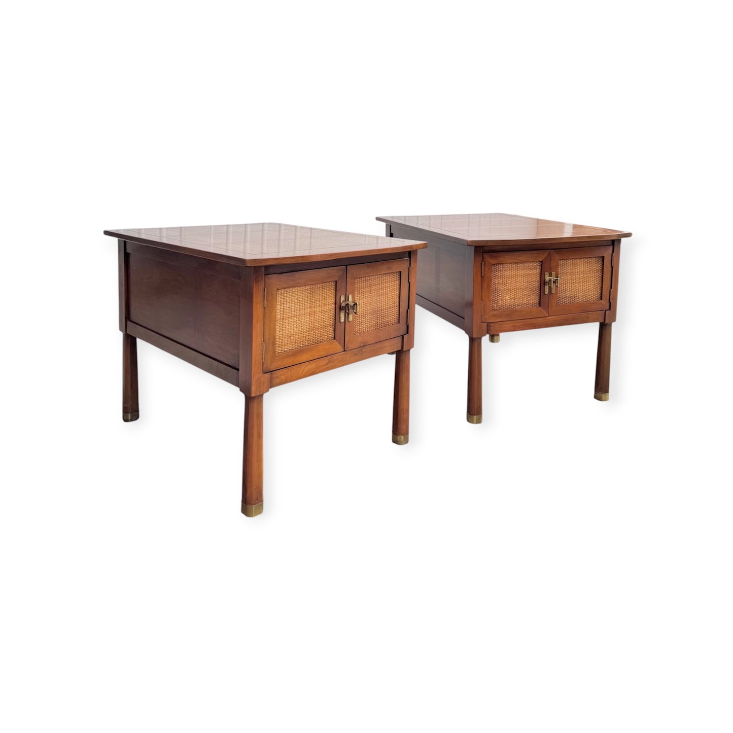 Pair of Vintage Mid Century Walnut & Olive Inlay Nightstands Bedside Tables w/Cane Reed Door Panels, Brass Hardware &amp; Octagonal Faceted Reverse Taper Legs w/Brass Ferrules