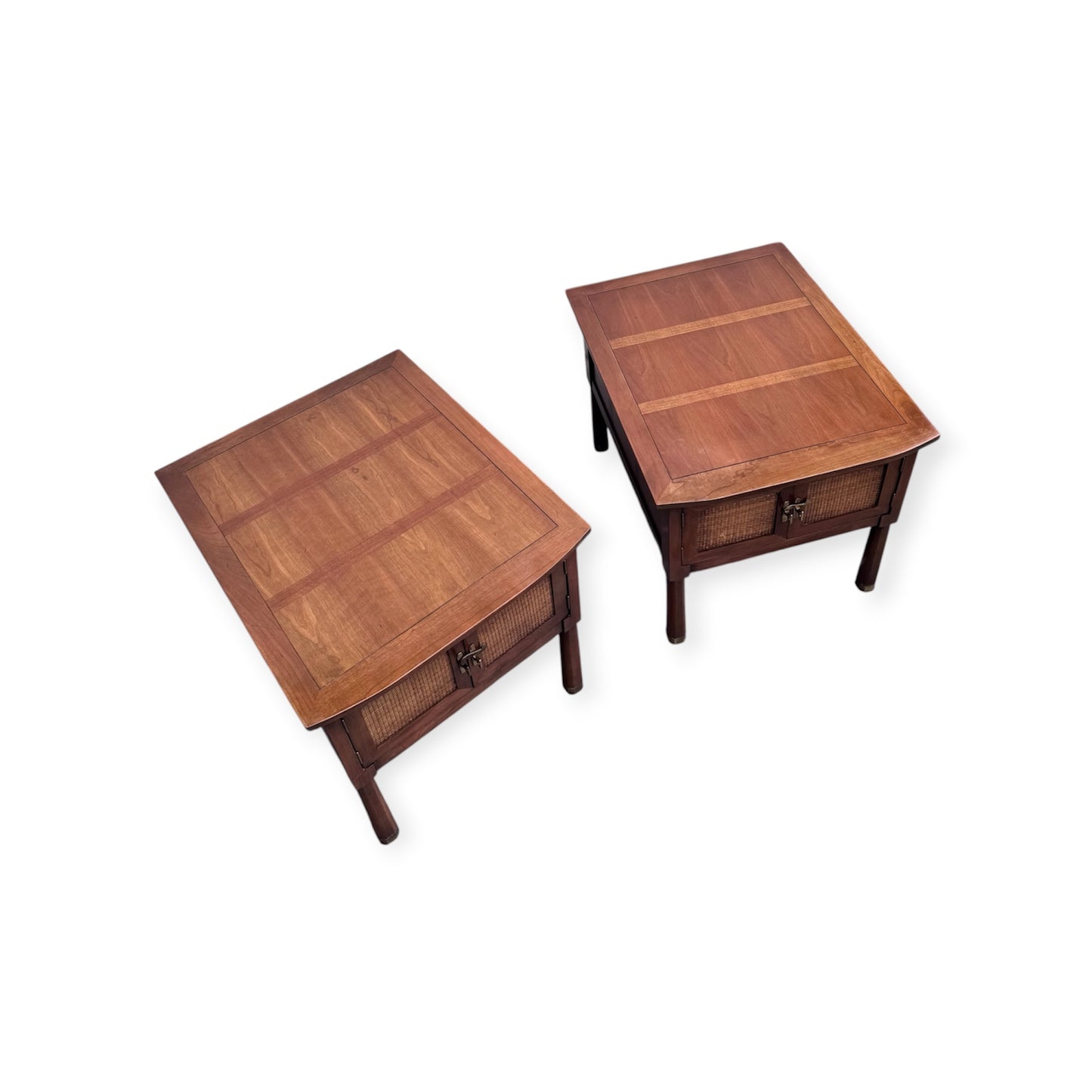 Pair of Vintage Mid Century Walnut & Olive Inlay Nightstands Bedside Tables w/Cane Reed Door Panels, Brass Hardware &amp; Octagonal Faceted Reverse Taper Legs w/Brass Ferrules