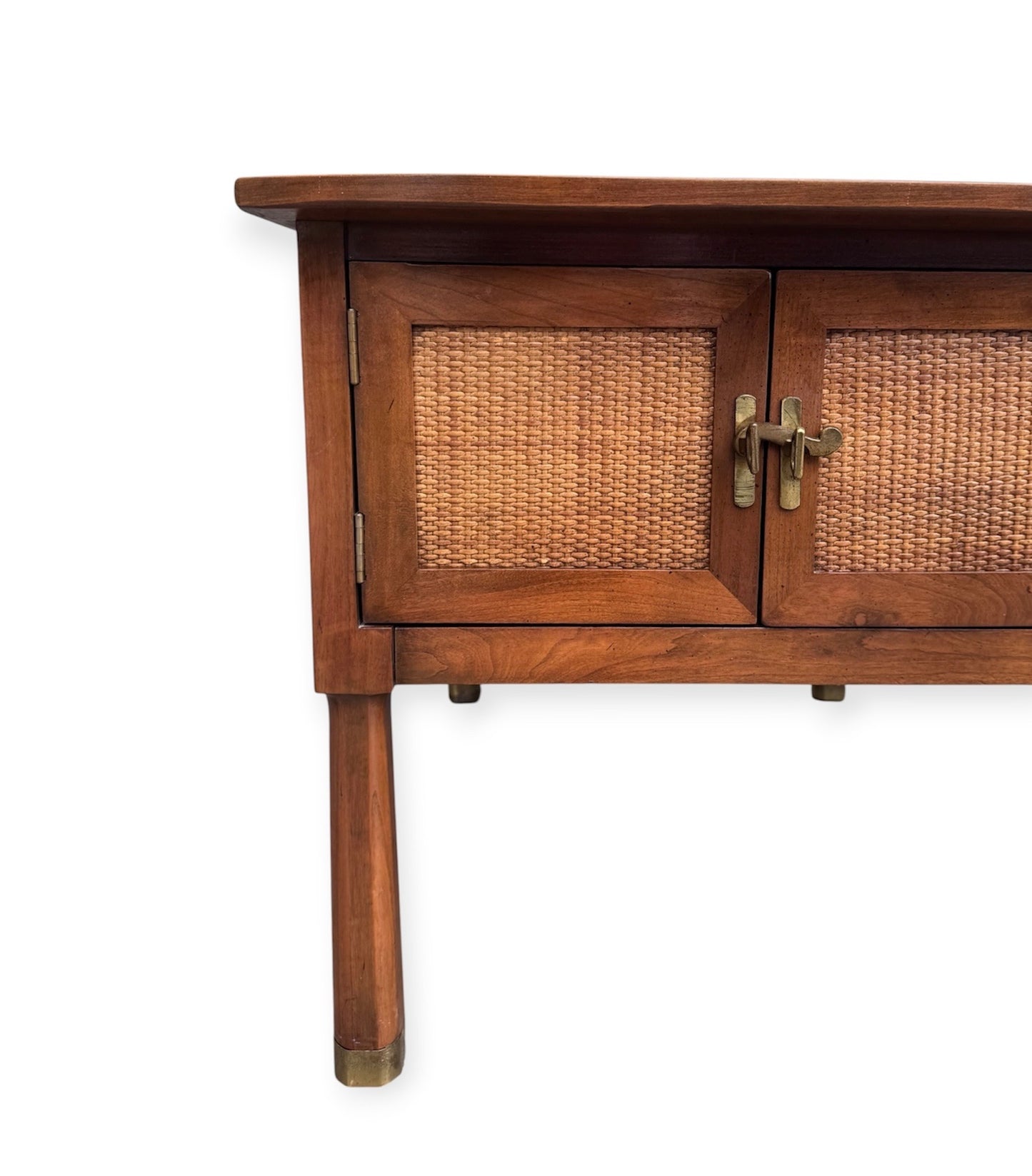 Pair of Vintage Mid Century Walnut & Olive Inlay Nightstands Bedside Tables w/Cane Reed Door Panels, Brass Hardware &amp; Octagonal Faceted Reverse Taper Legs w/Brass Ferrules