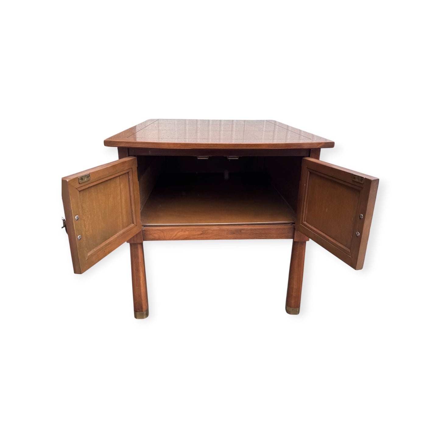 Pair of Vintage Mid Century Walnut & Olive Inlay Nightstands Bedside Tables w/Cane Reed Door Panels, Brass Hardware &amp; Octagonal Faceted Reverse Taper Legs w/Brass Ferrules