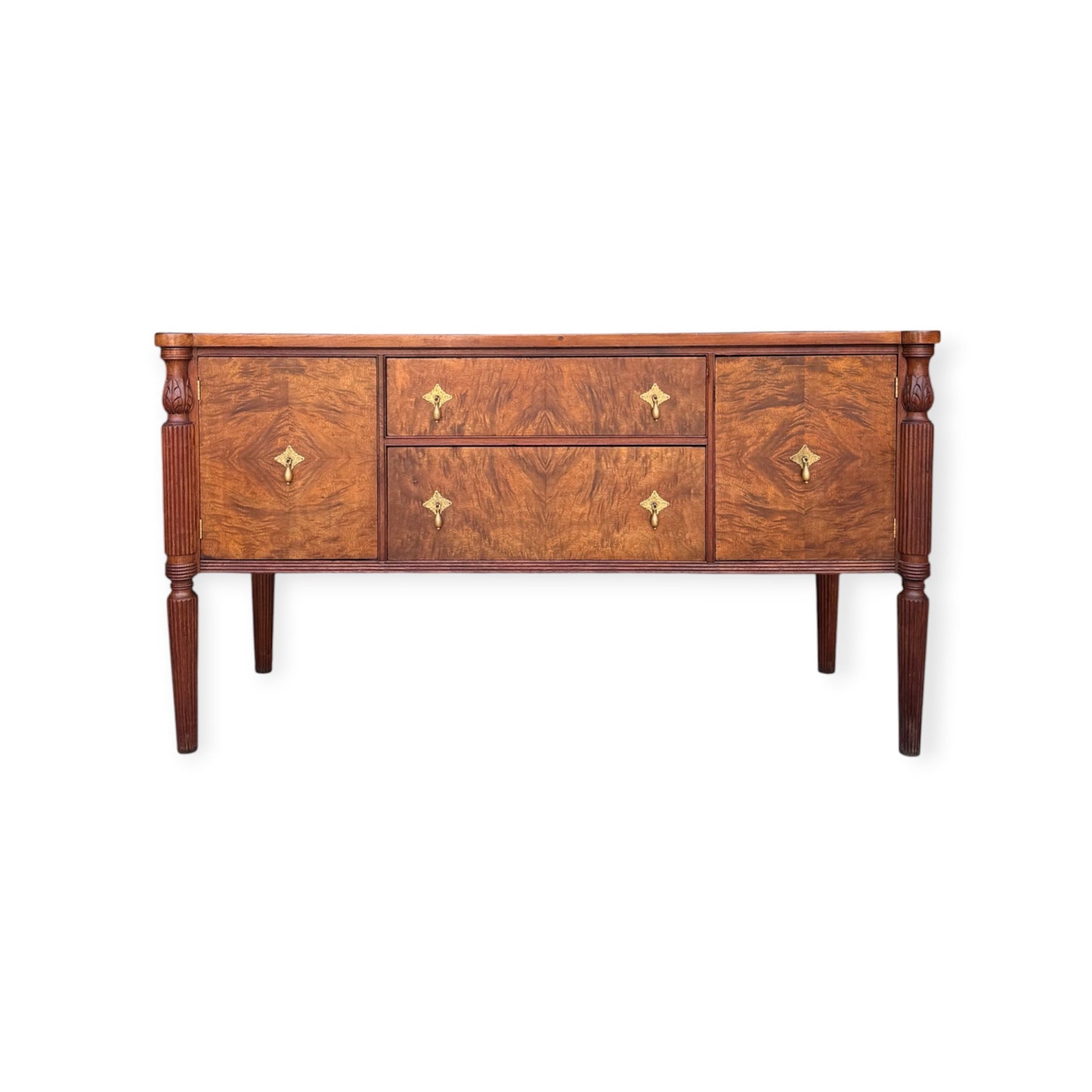 Vintage 2-Door, 2-Drawer Burl Book-Matched Veneer Buffet Sideboard Credenza w/Diamond Shaped Brass Hardware &amp; Fluted Legs