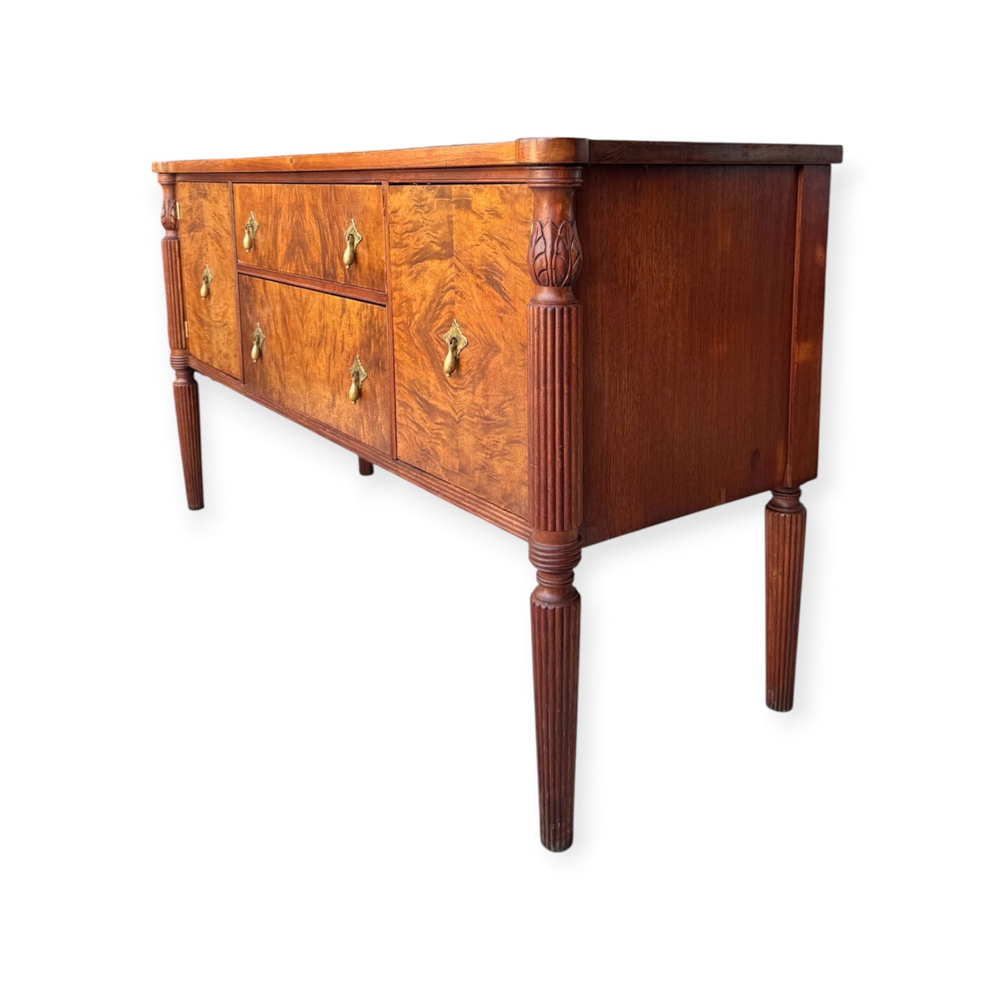 Vintage 2-Door, 2-Drawer Burl Book-Matched Veneer Buffet Sideboard Credenza w/Diamond Shaped Brass Hardware &amp; Fluted Legs
