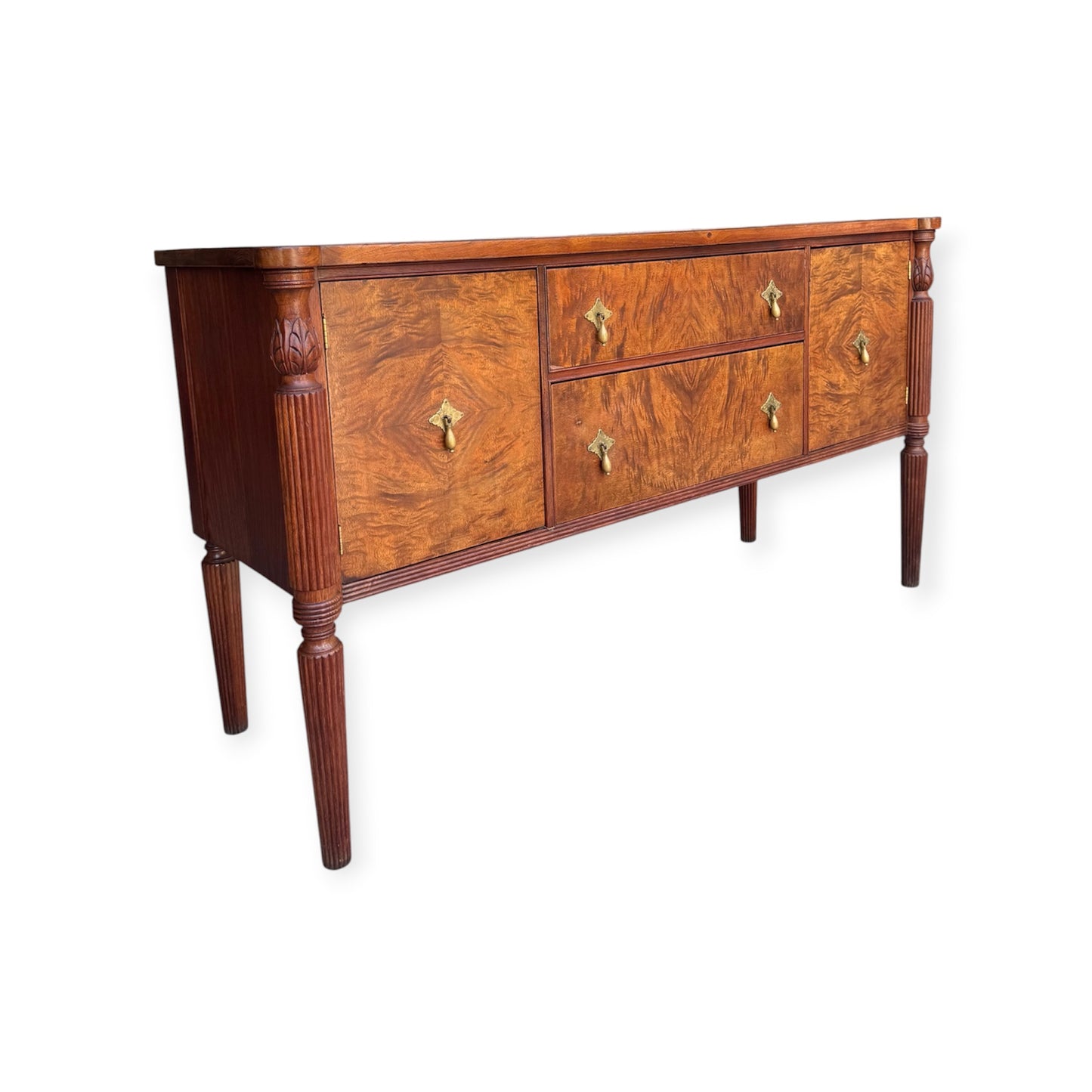 Vintage 2-Door, 2-Drawer Burl Book-Matched Veneer Buffet Sideboard Credenza w/Diamond Shaped Brass Hardware &amp; Fluted Legs