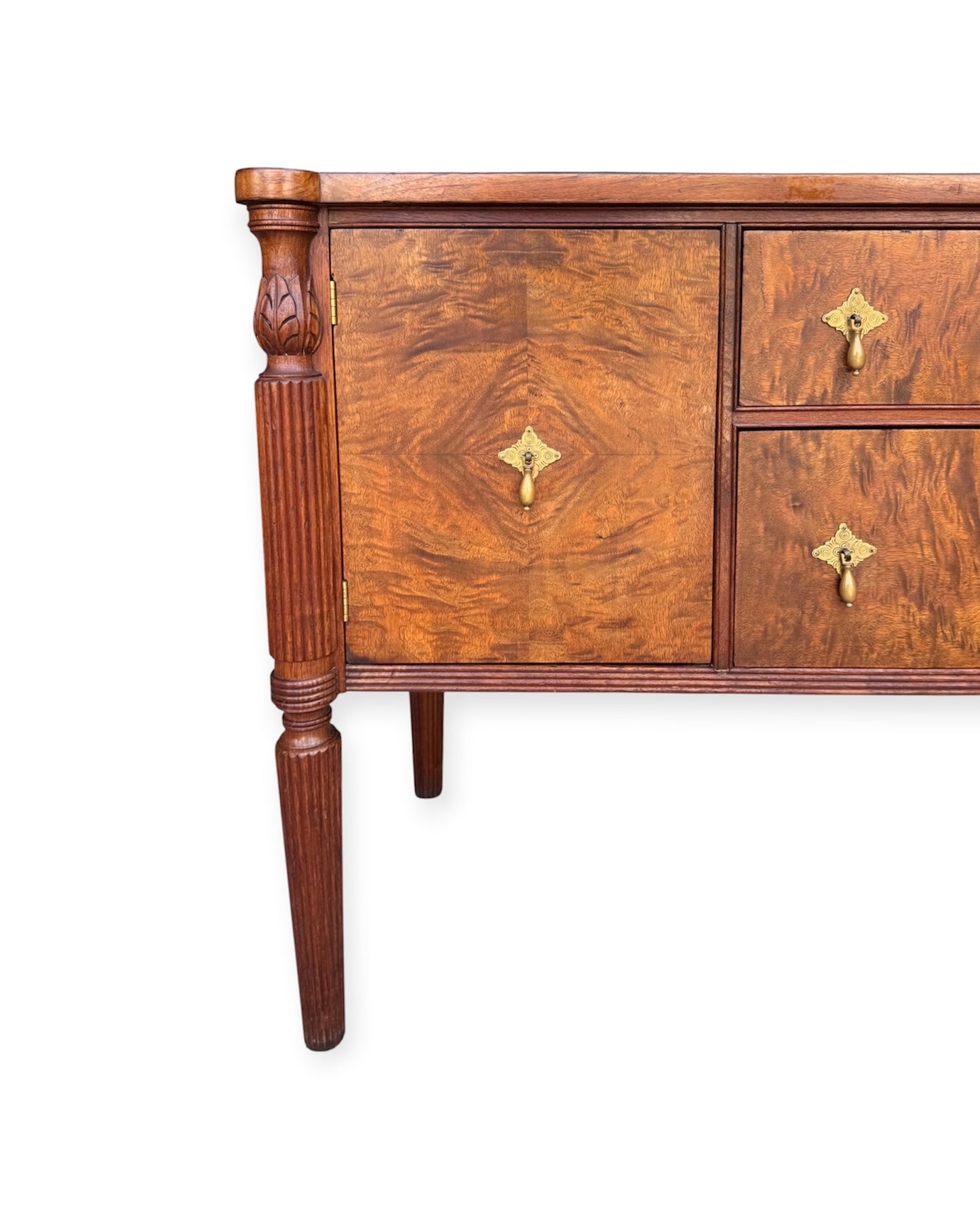 Vintage 2-Door, 2-Drawer Burl Book-Matched Veneer Buffet Sideboard Credenza w/Diamond Shaped Brass Hardware &amp; Fluted Legs
