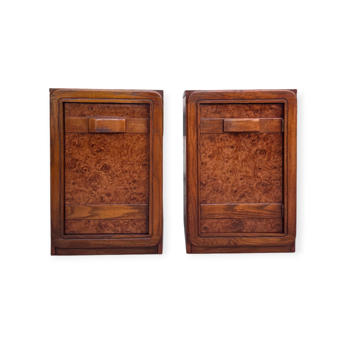 Pair of Vintage Burl Veneer Nightstands Bedside Tables w/Oak Wood Banded Facade, Hand Carved Pulls &amp; Rounded Edges by Lea Furniture
