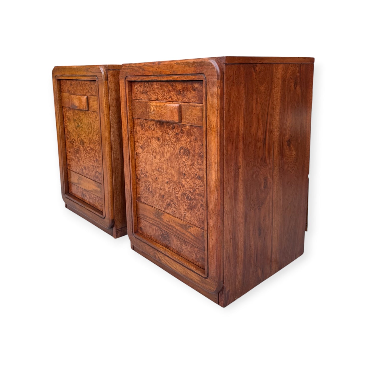 Pair of Vintage Burl Veneer Nightstands Bedside Tables w/Oak Wood Banded Facade, Hand Carved Pulls &amp; Rounded Edges by Lea Furniture