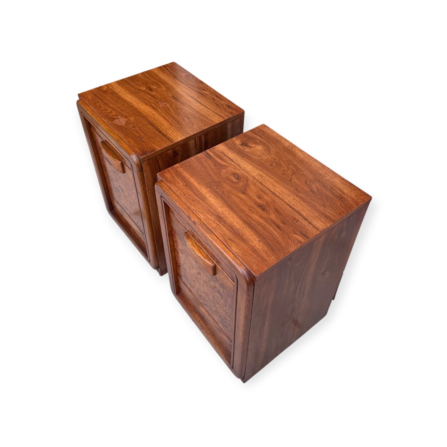 Pair of Vintage Burl Veneer Nightstands Bedside Tables w/Oak Wood Banded Facade, Hand Carved Pulls &amp; Rounded Edges by Lea Furniture